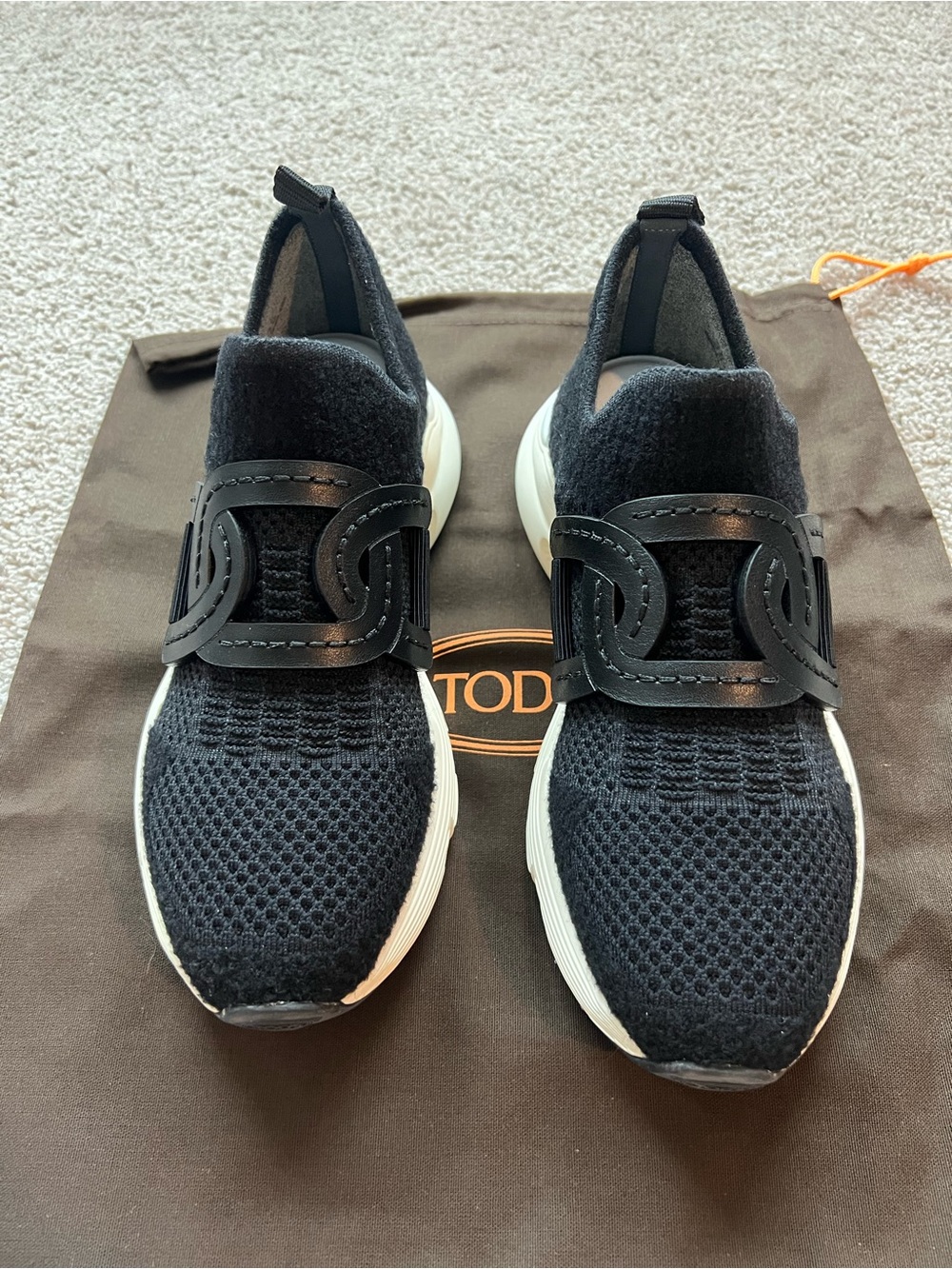TOD'S Black Knit Slip-On Sneakers with White Sole